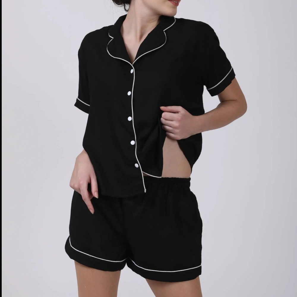 Black Short Sleeve Pajama Set with White Piping